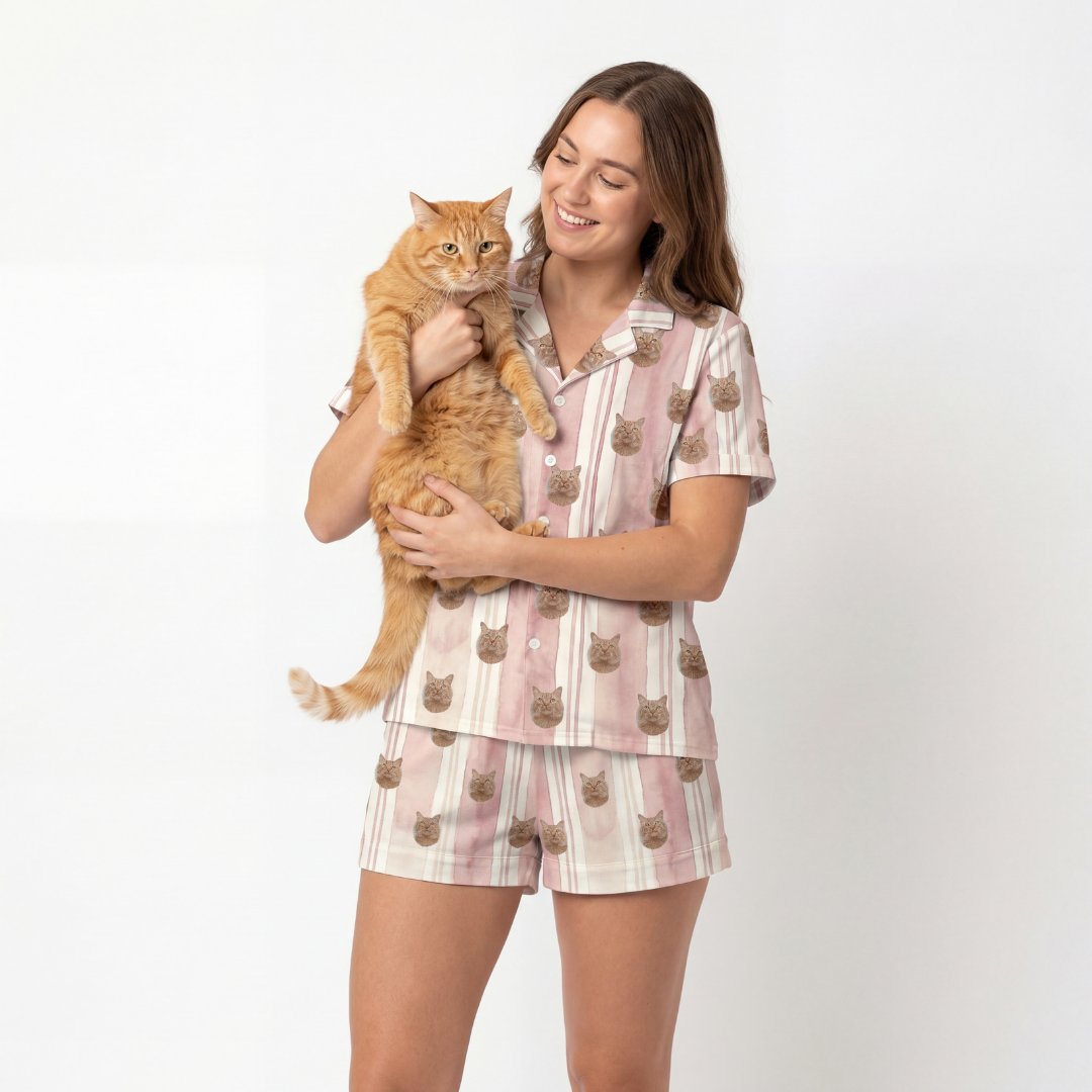 Woman wearing a short button down pajama set with cat designs, holding an orange cat against a white background