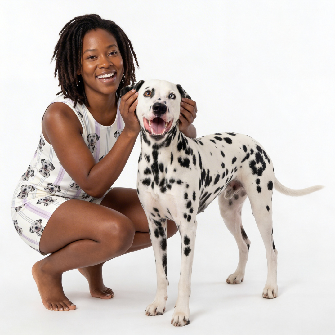Woman wearing tank top pajamas with a Dalmatian dog on a white background