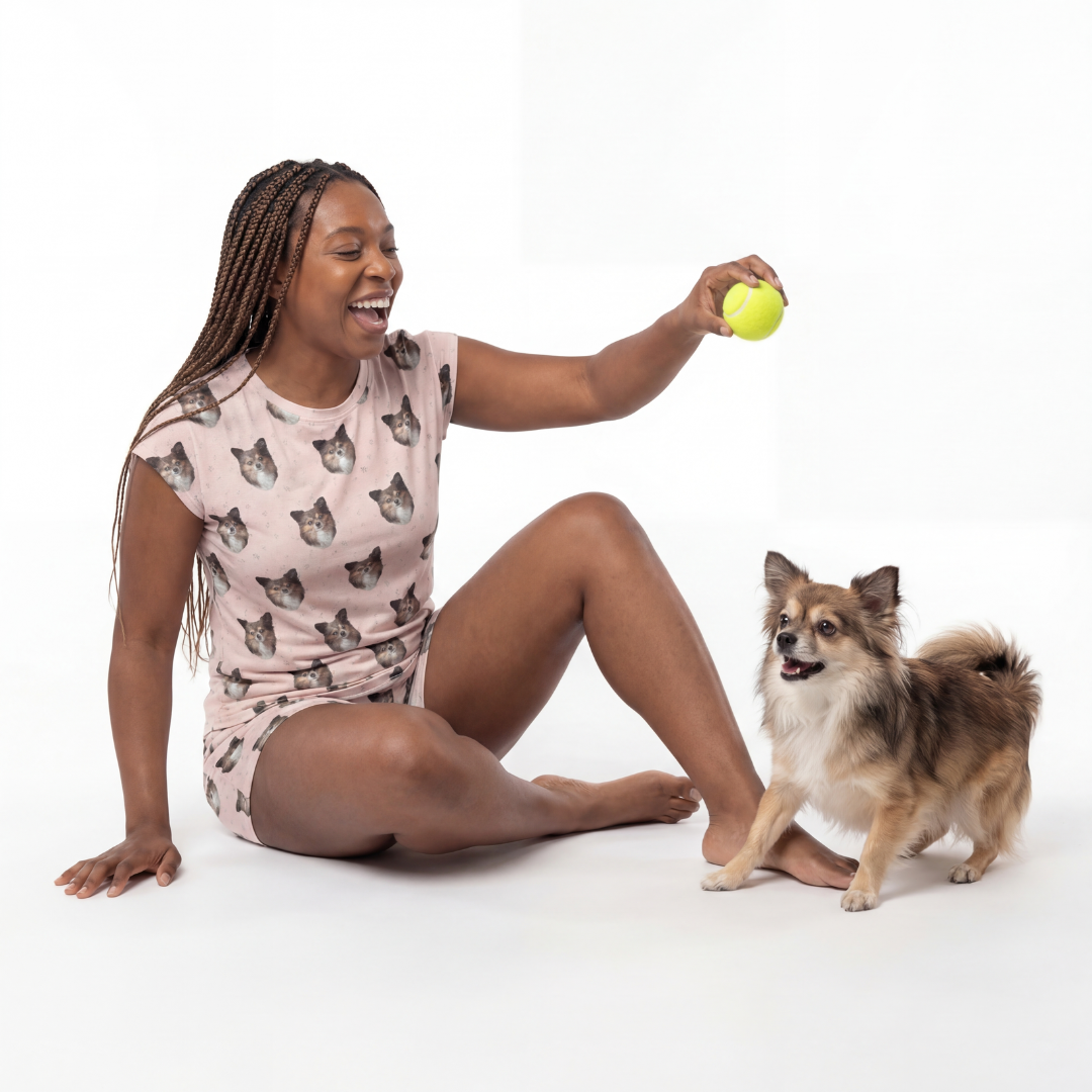 Woman in pajama set sitting on the floor with a small dog, holding a yellow ball