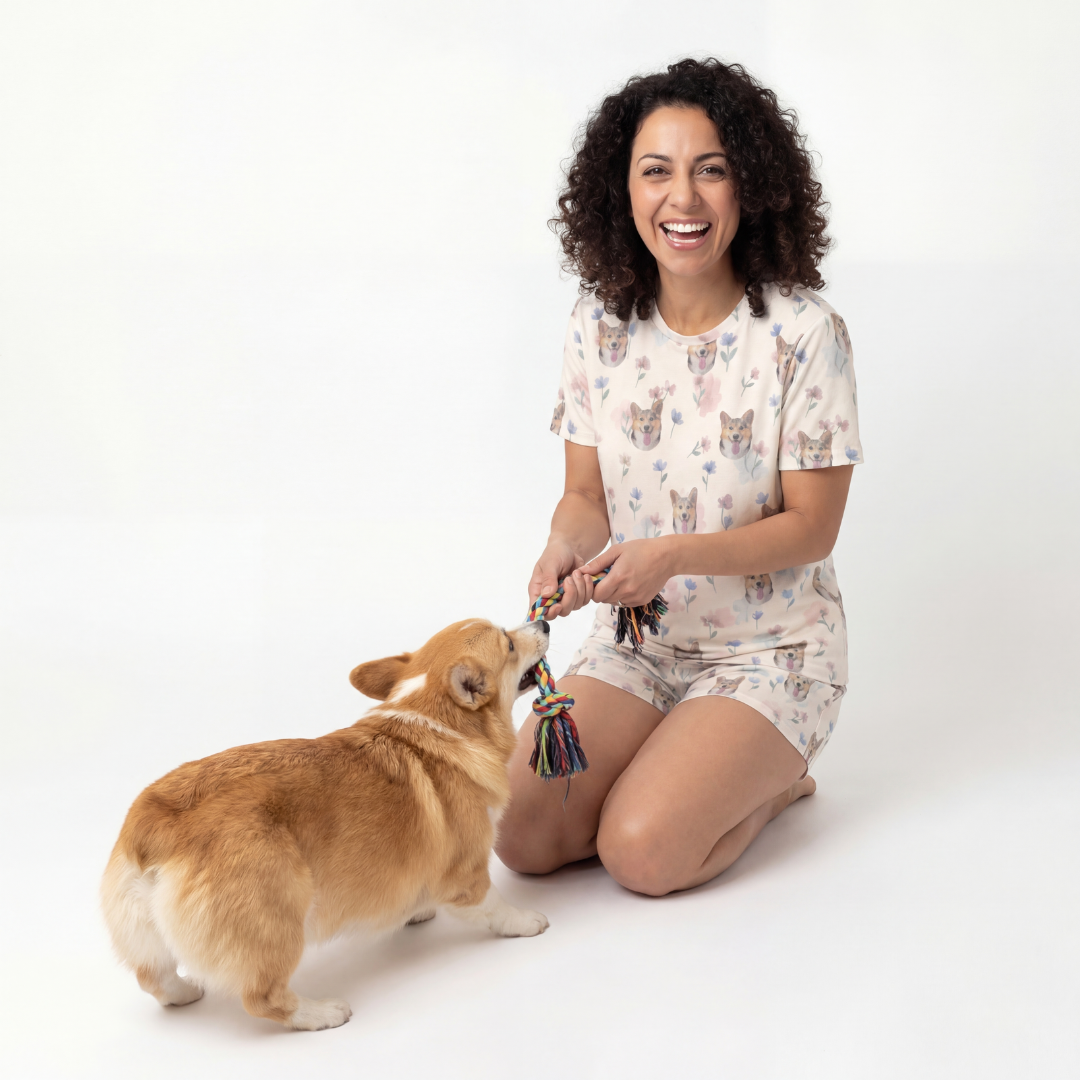 Woman in pajamas with a dog on a white background