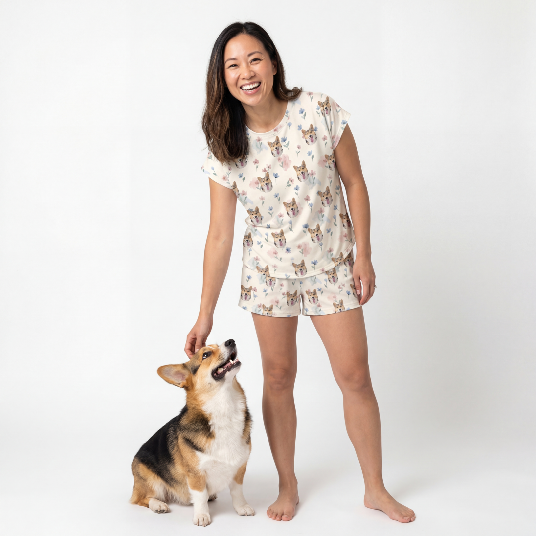 Woman wearing a pajama set with a dog on a white background[PastelMeadows]
