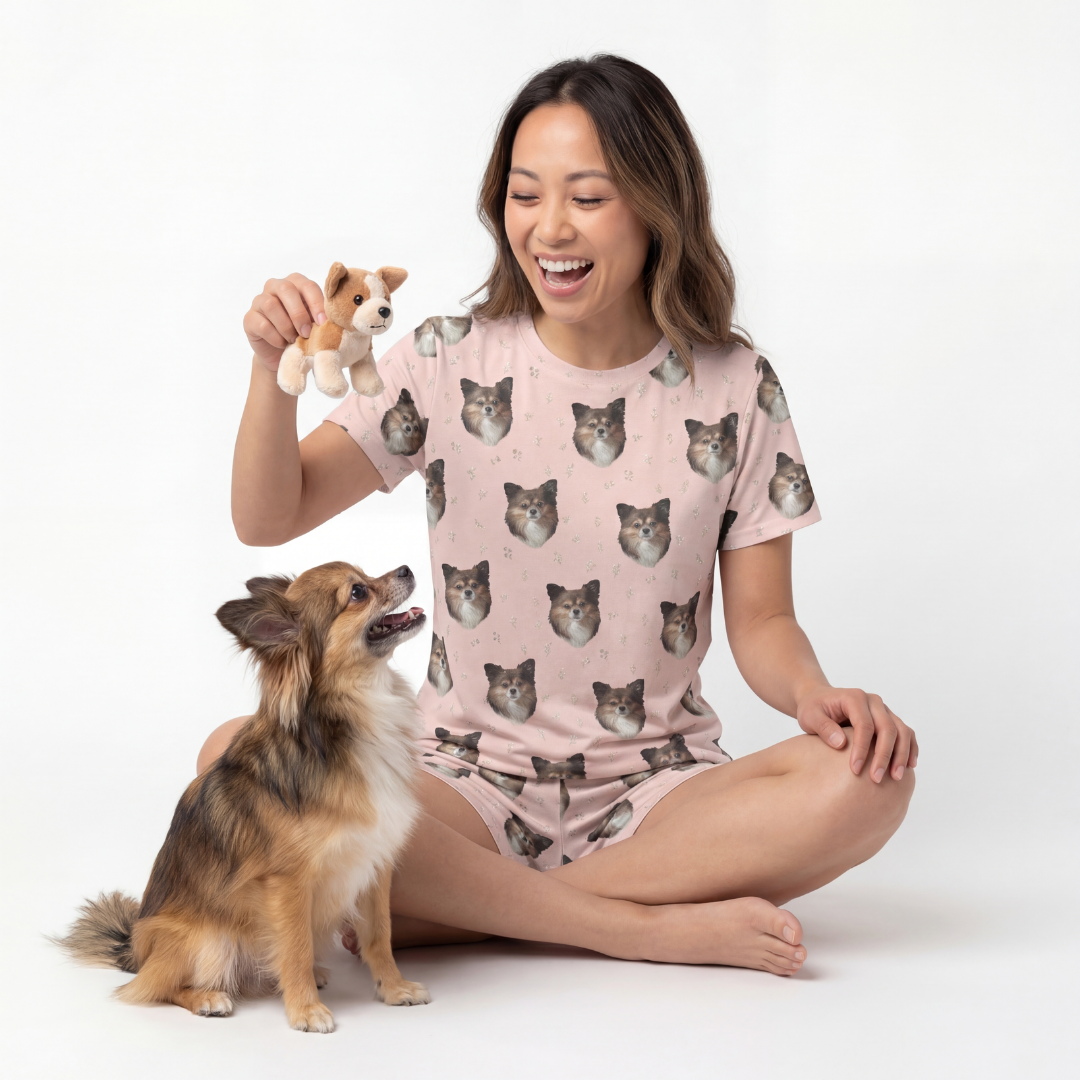 Woman wearing a pink pajama set with dog patterns, sitting on the floor with a small dog.