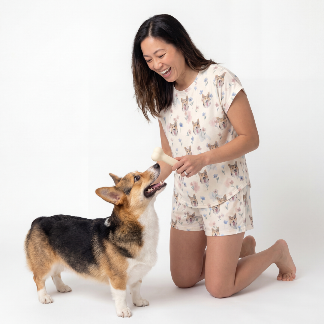 Woman in pajamas kneeling on a white background with a corgi dog.