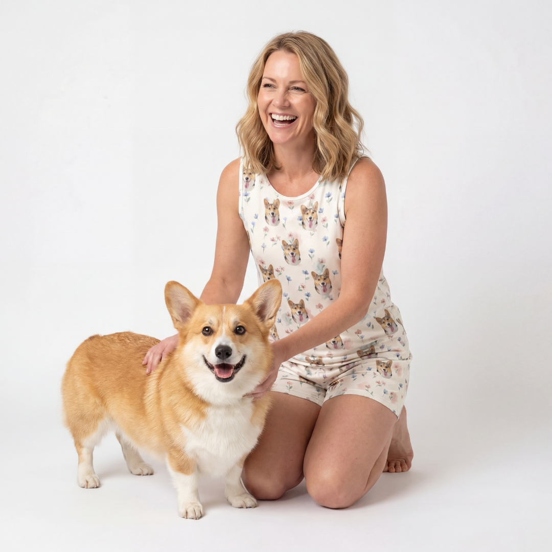 Woman in tank top pajamas with dog on a white background