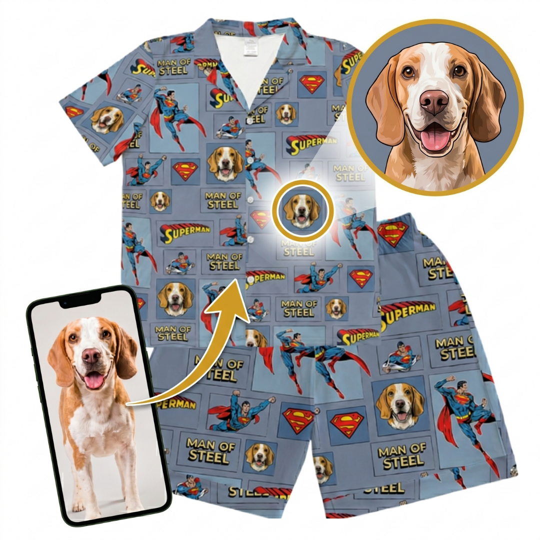 Superman-themed shirt with dog pattern overlay, including a phone and photo of a dog.