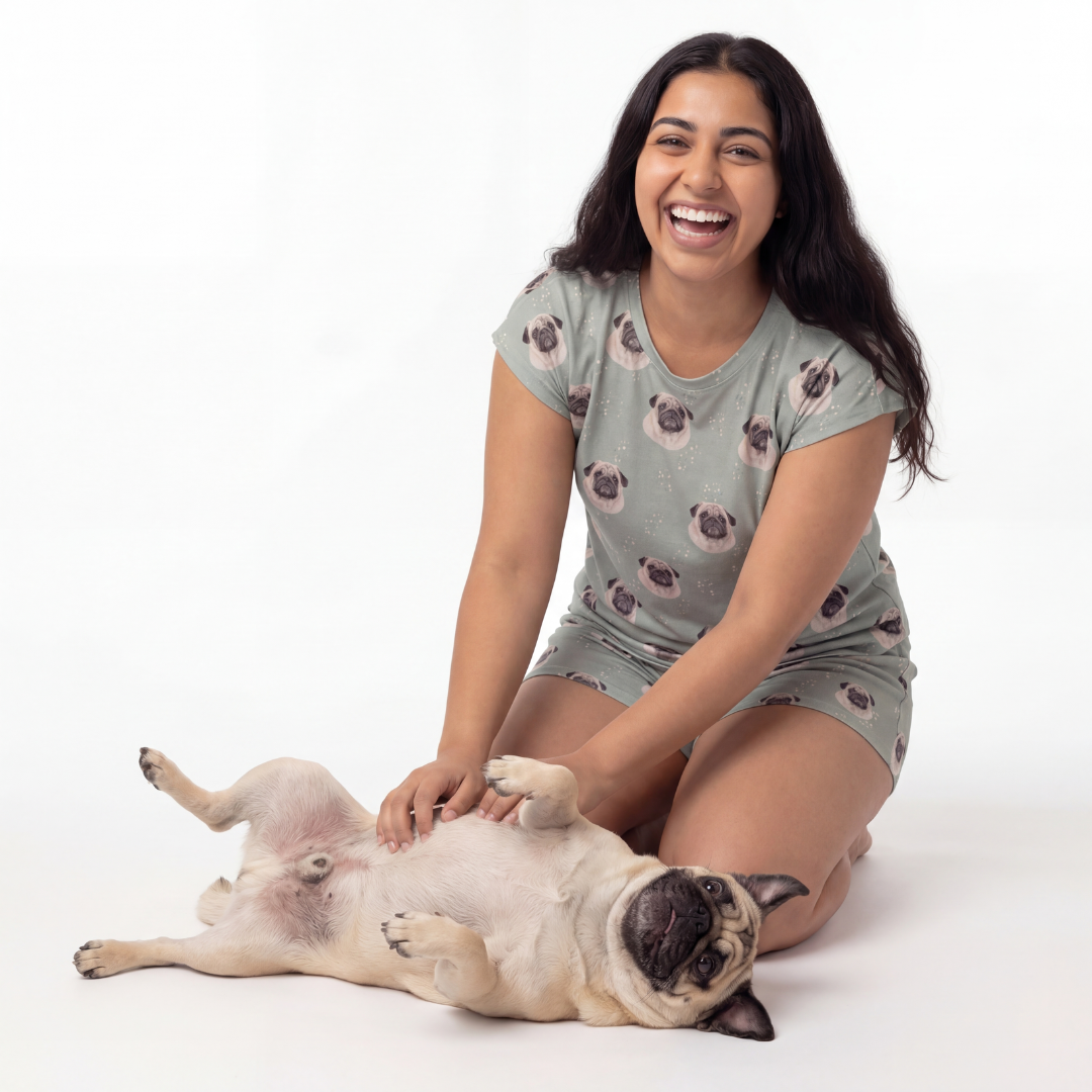Woman in a pug-patterned pajamas sitting with a pug on a white background