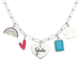 Charm Necklace with various charms including a engraved heart, rainbow, and paw print