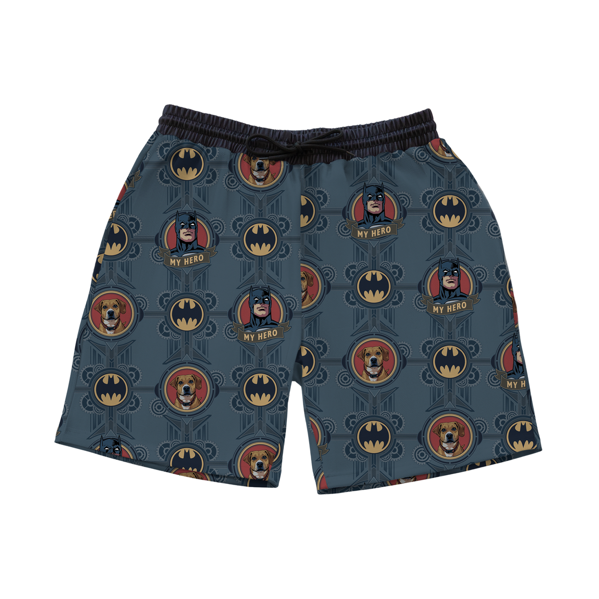Sweatshorts with Batman logo and 'My Hero' text on a blue background[DarkKnight]