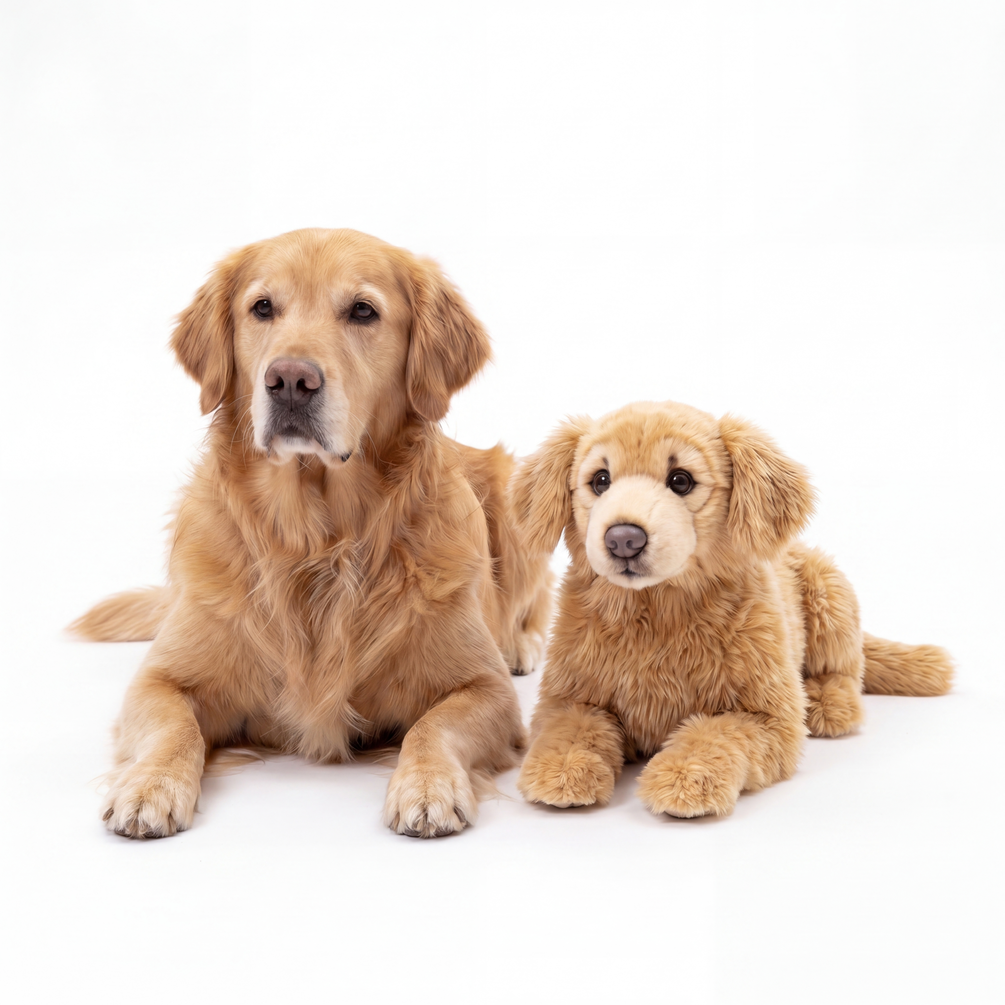 Real Golden Retriever dog and a plush toy Golden Retriever on a white background