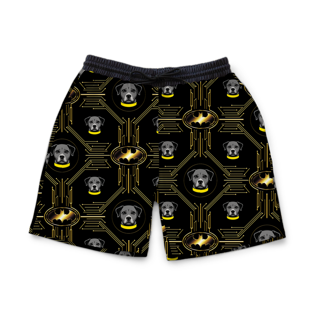 Black sweatshorts with Batman logo and dog pattern on a white background[IconicBatman]