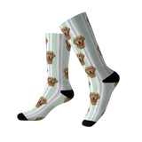 Knee-high socks with dog pattern on a striped background[MintStripes]