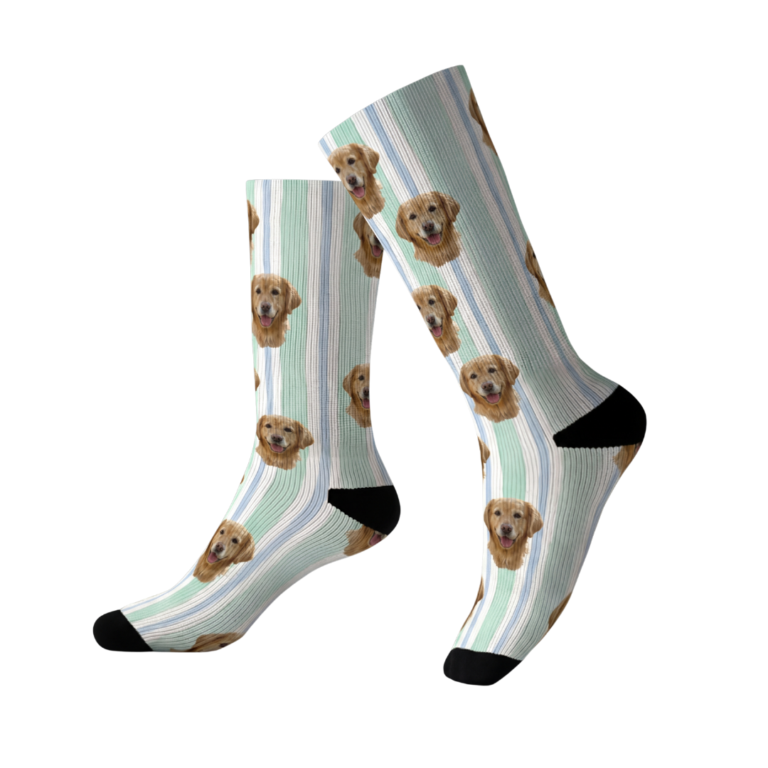 Knee-high socks with dog pattern on a striped background[MintStripes]