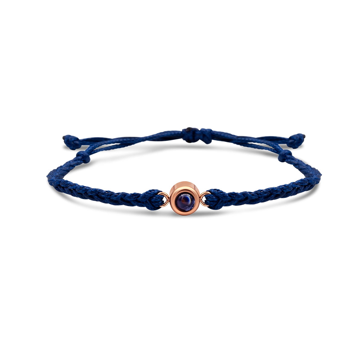 Navy blue braided bracelets with a black bead charm.
