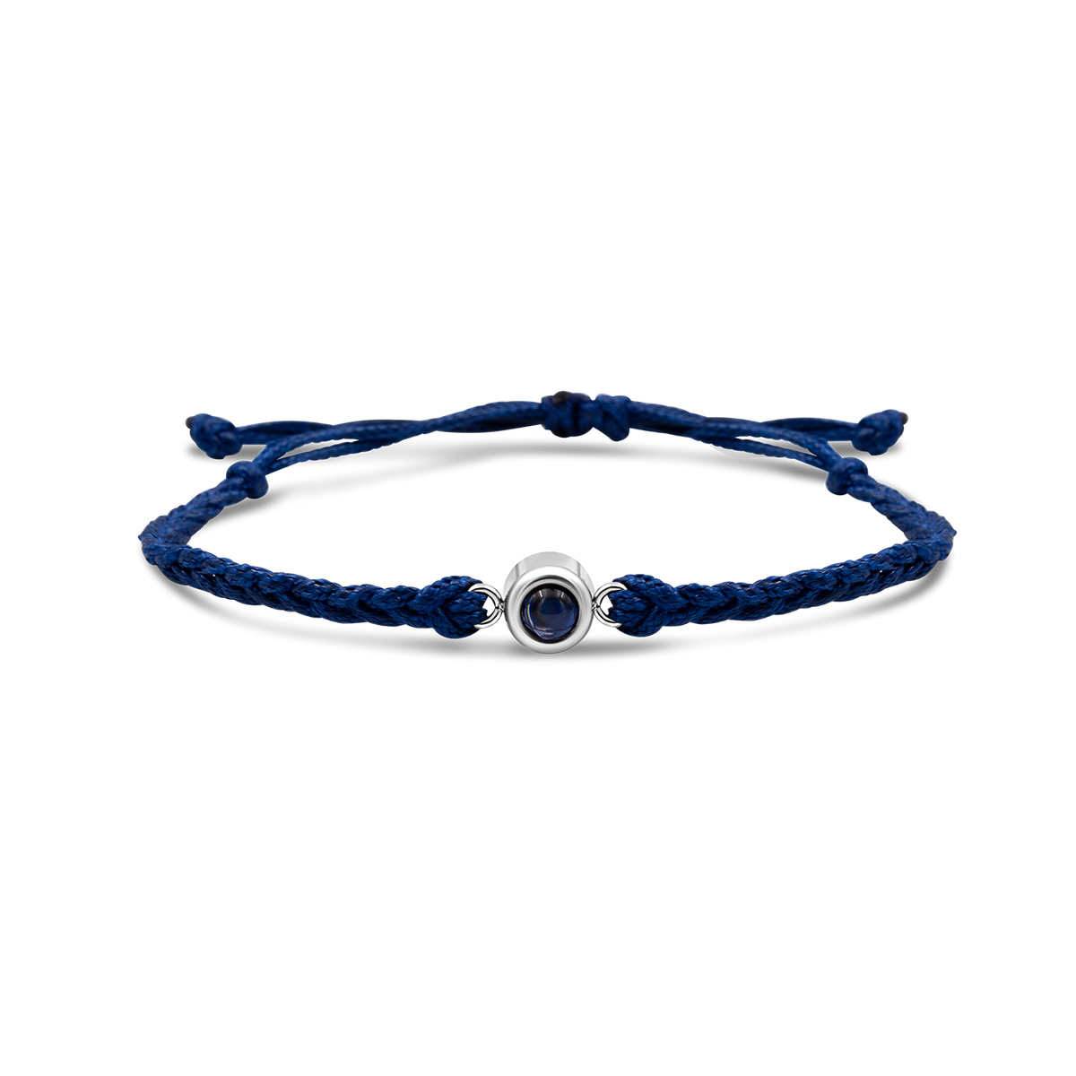 Navy blue braided bracelets with a black bead charm in silver color