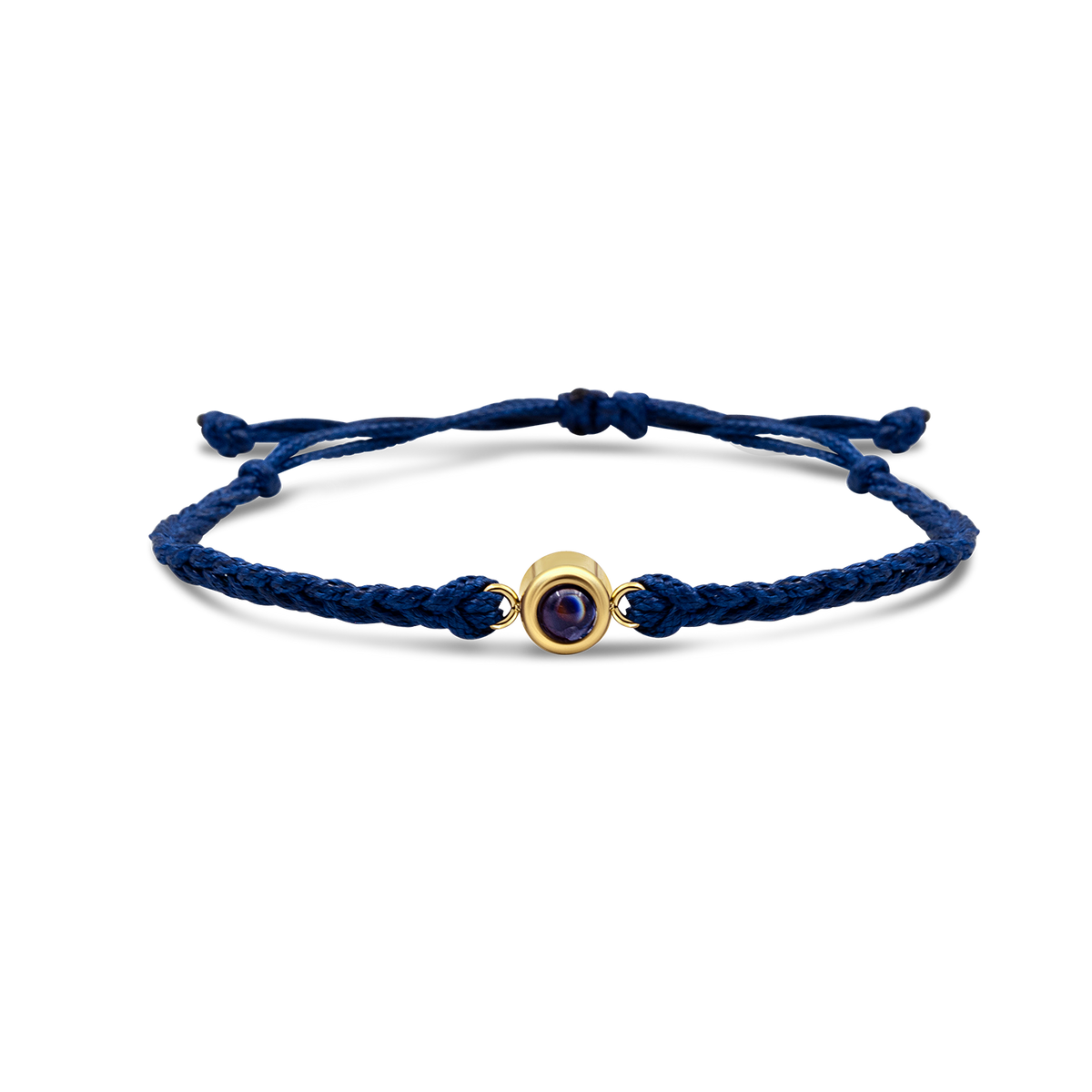 Navy blue braided bracelets with a black bead charm in gold color