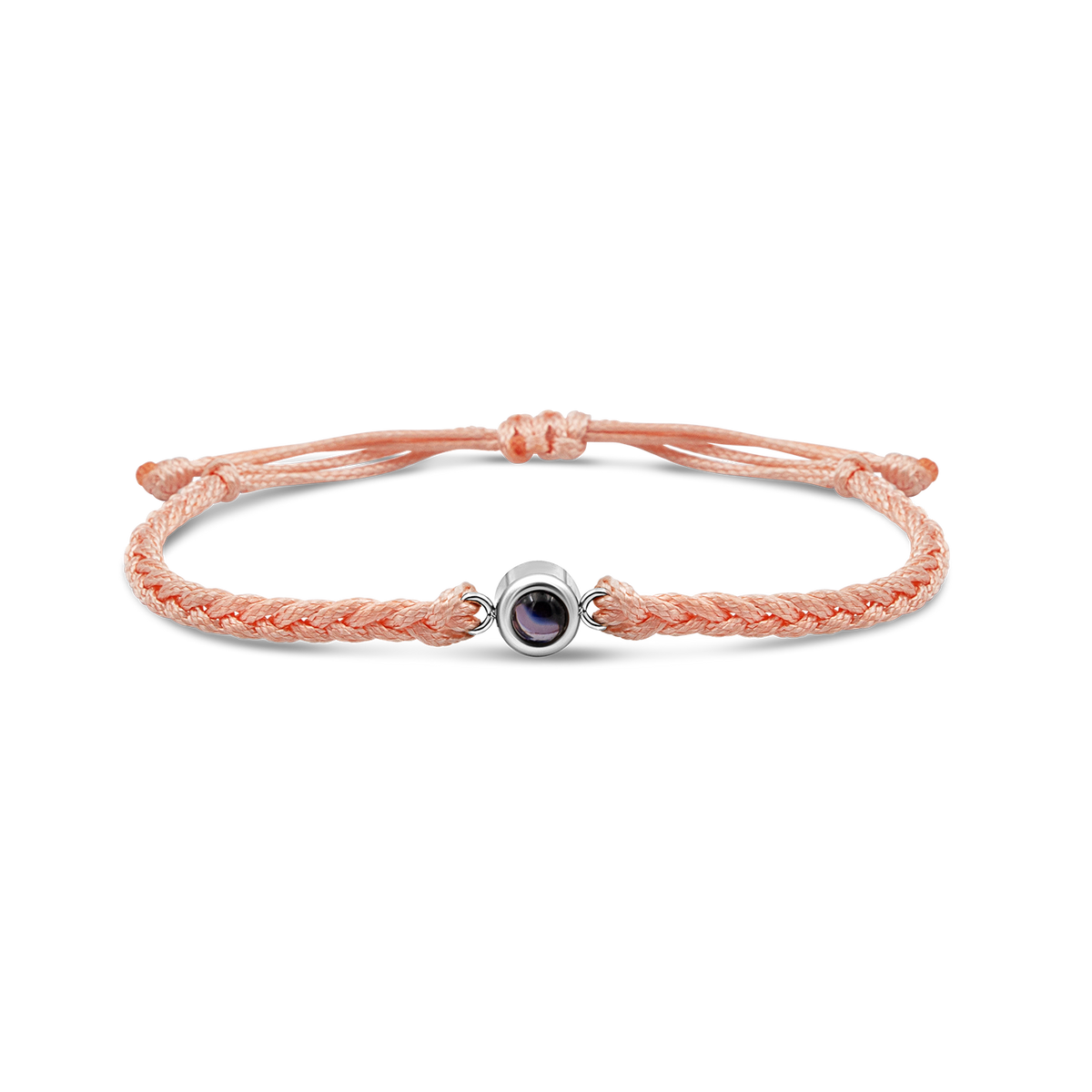 Pink braided bracelets with a black bead charm in silver color