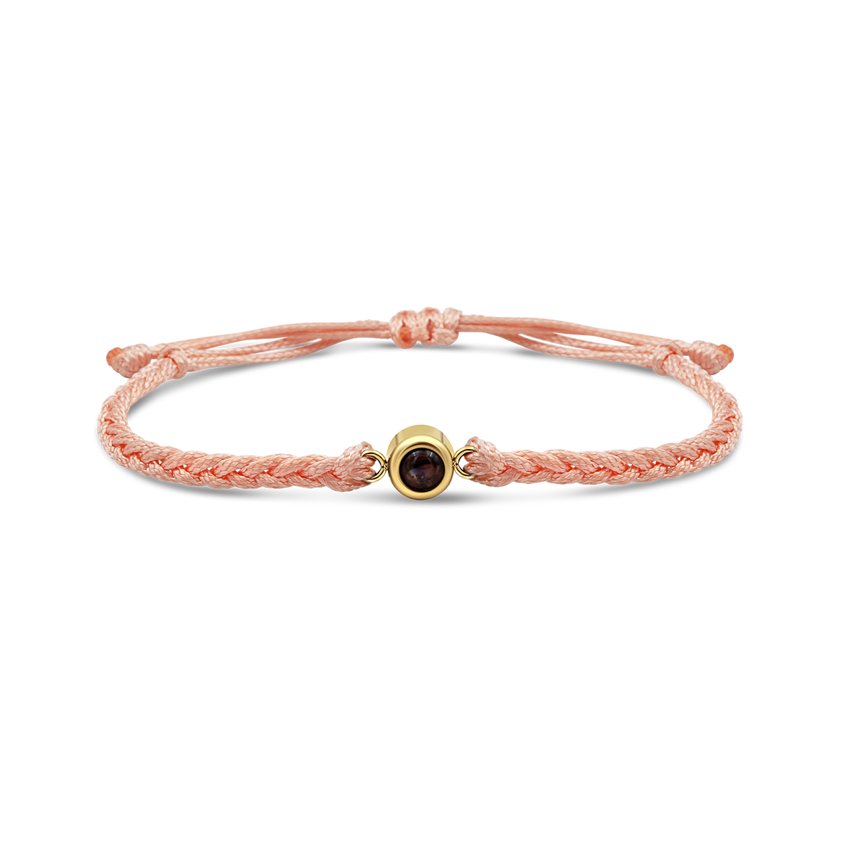 Pink braided bracelets with a black bead charm in gold color