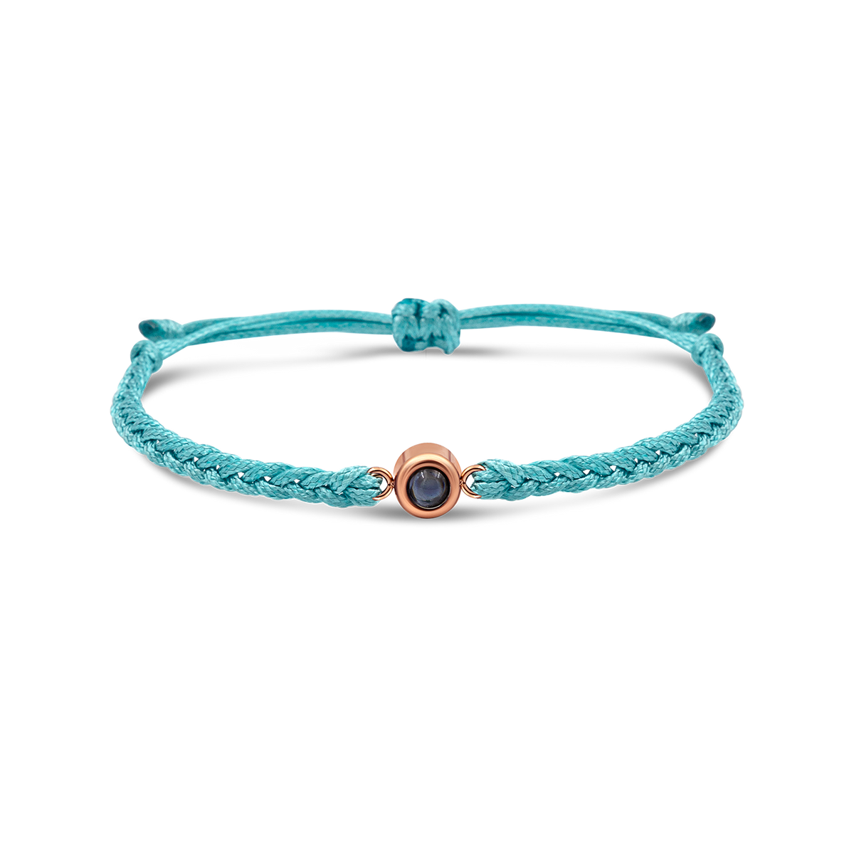 Light blue braided bracelets with a black bead charm.