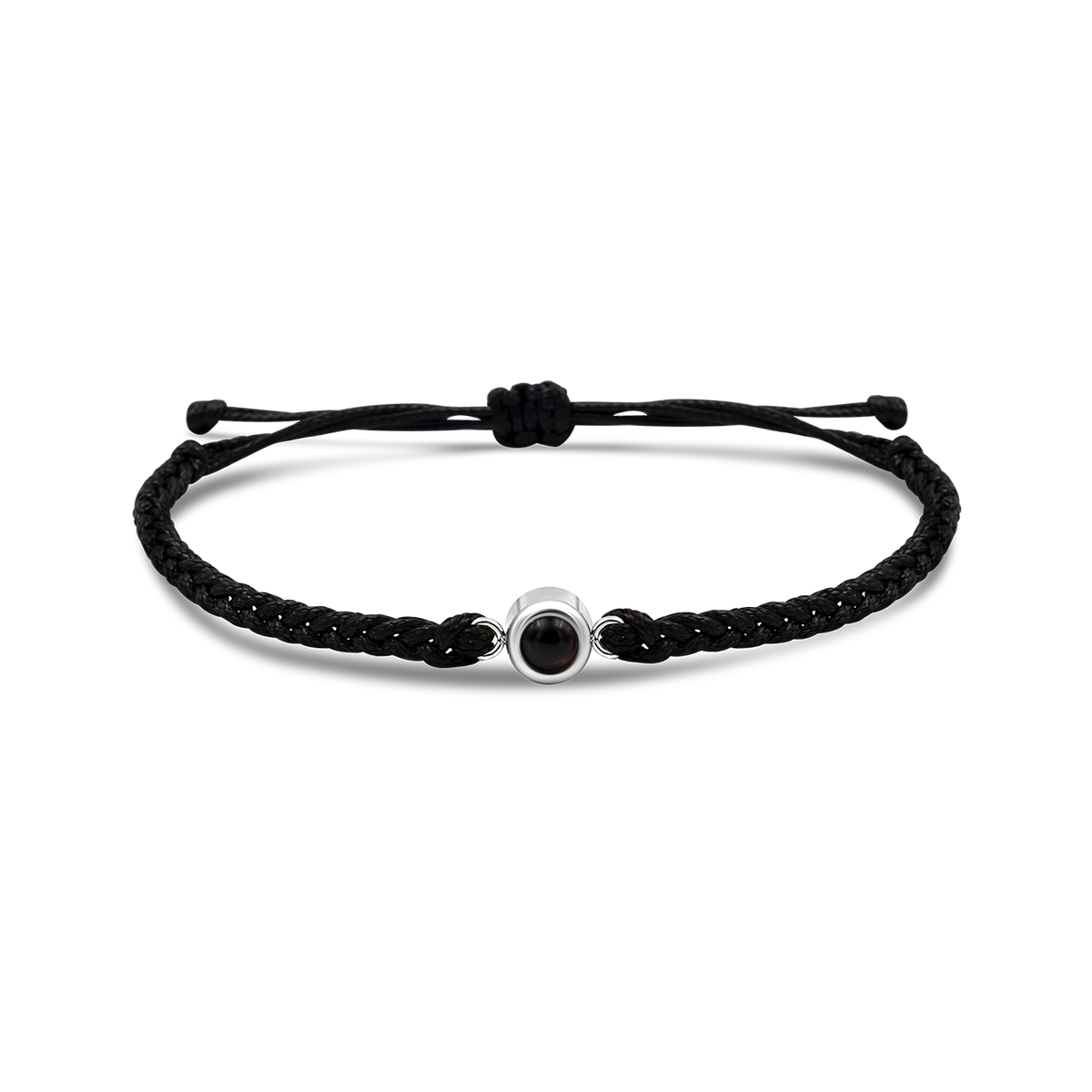 Black braided bracelets with a black bead charm in silver color