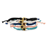 5 memory adjustable bracelets in black, white, dark blue, pink, and light blue.