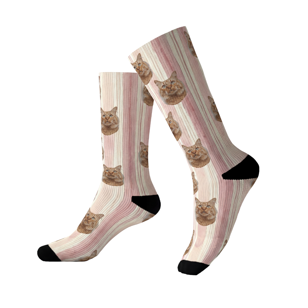 Knee-high socks with cat pattern on a white background[TerracottaStripes]