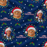 Close-up of the A Griswold Christmas print showing custom pet faces in Santa hats framed by string lights on a navy fabric