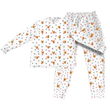 This is a Christmas Paws print jogger pajama set with a long sleeve shirt and jogger pants covered in repeating pet faces[PajamaSet(Shirt&Joggers)]