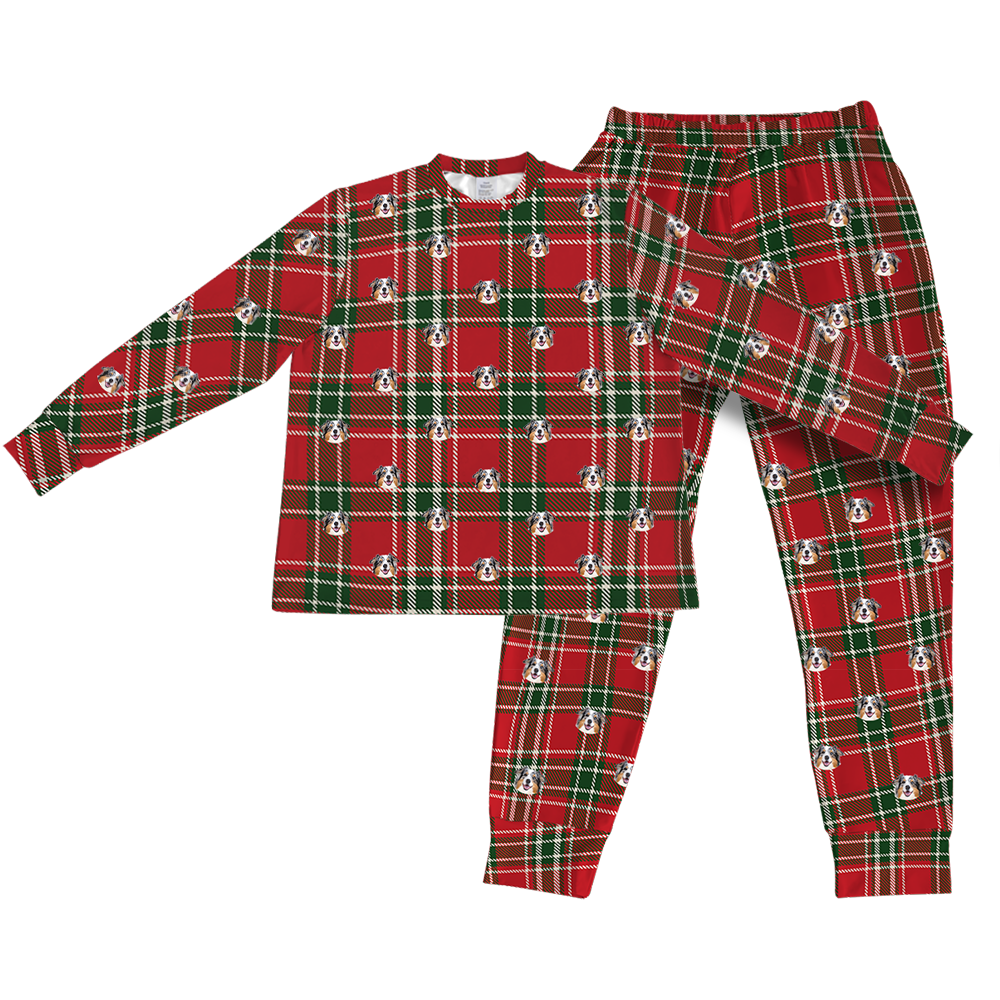This is a Christmas Plaid print jogger pajama set with a long sleeve shirt and jogger pants covered in repeating pet faces[PajamaSet(Shirt&Joggers)]