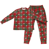 This is a Christmas Plaid print jogger pajama set with a long sleeve shirt and jogger pants covered in repeating pet faces[PajamaSet(Shirt&Joggers)]