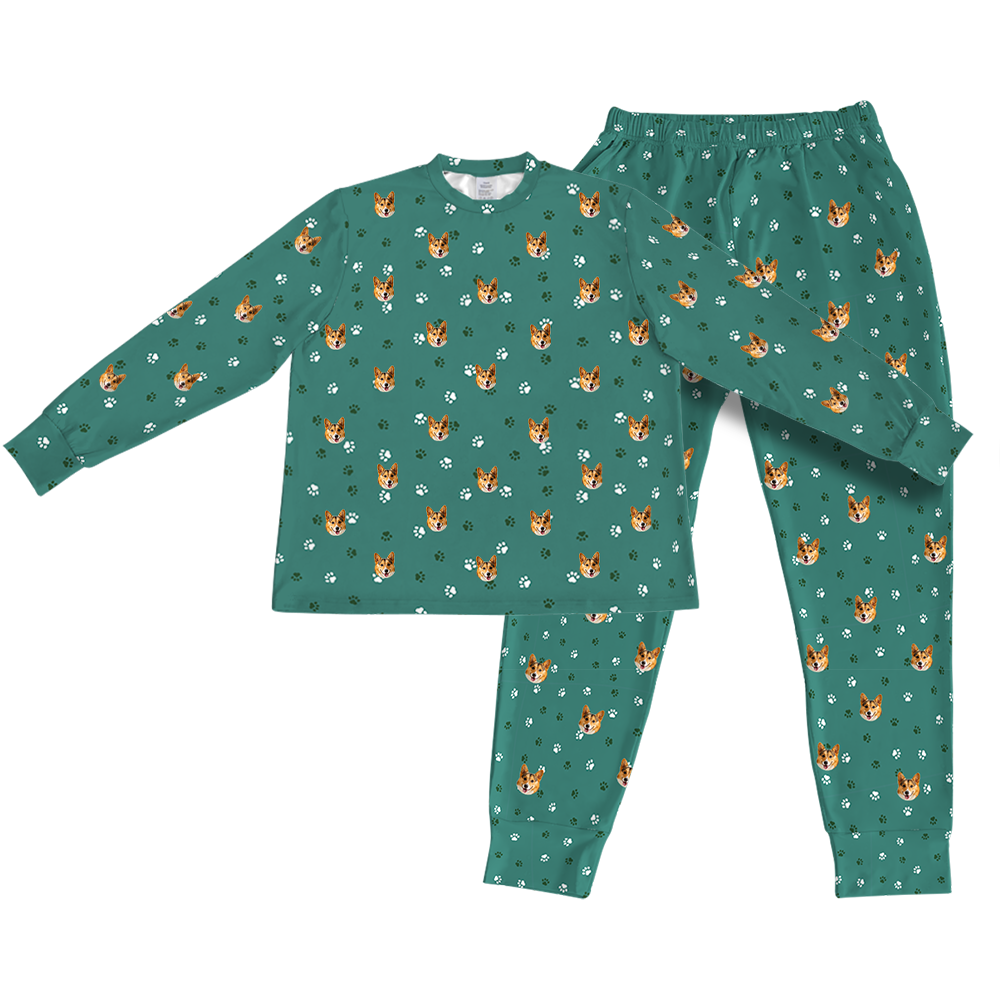 This is a Green Paws print jogger pajama set with a long sleeve shirt and jogger pants covered in repeating pet faces[PajamaSet(Shirt&Joggers)]