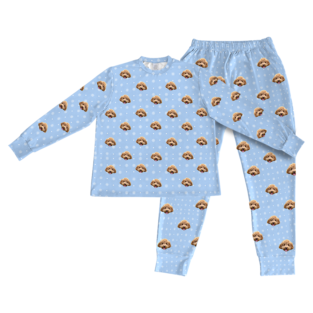This is a Snowflakes print jogger pajama set with a long sleeve shirt and jogger pants covered in repeating pet faces[PajamaSet(Shirt&Joggers)]