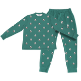 This is a Solid Green print jogger pajama set with a long sleeve shirt and jogger pants covered in repeating pet faces[PajamaSet(Shirt&Joggers)]
