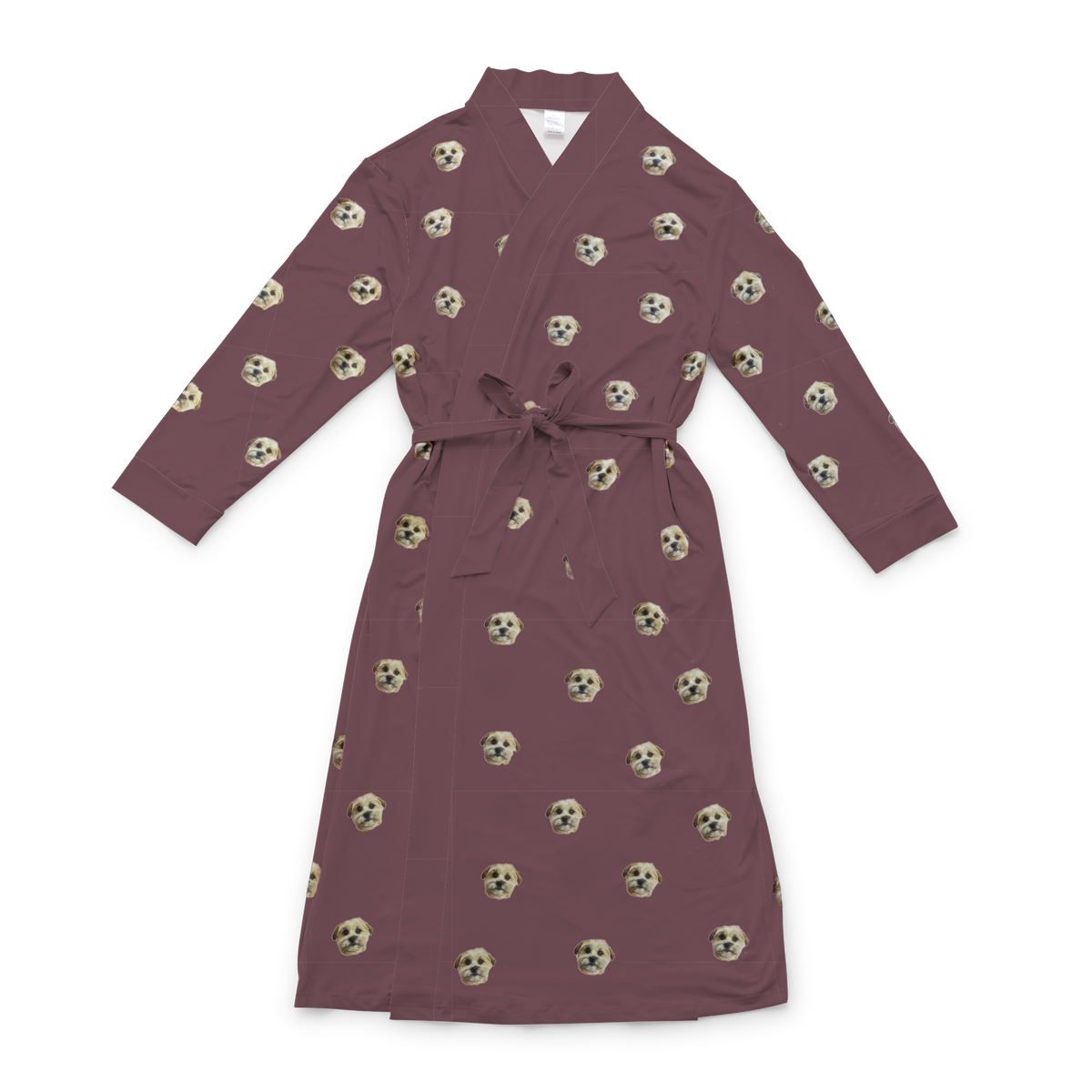Maroon robe with a waist tie and an all-over print of small dog faces, shown on a white background