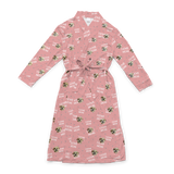 Pink robe with a waist tie and an all-over print of small dog faces, shown on a white background