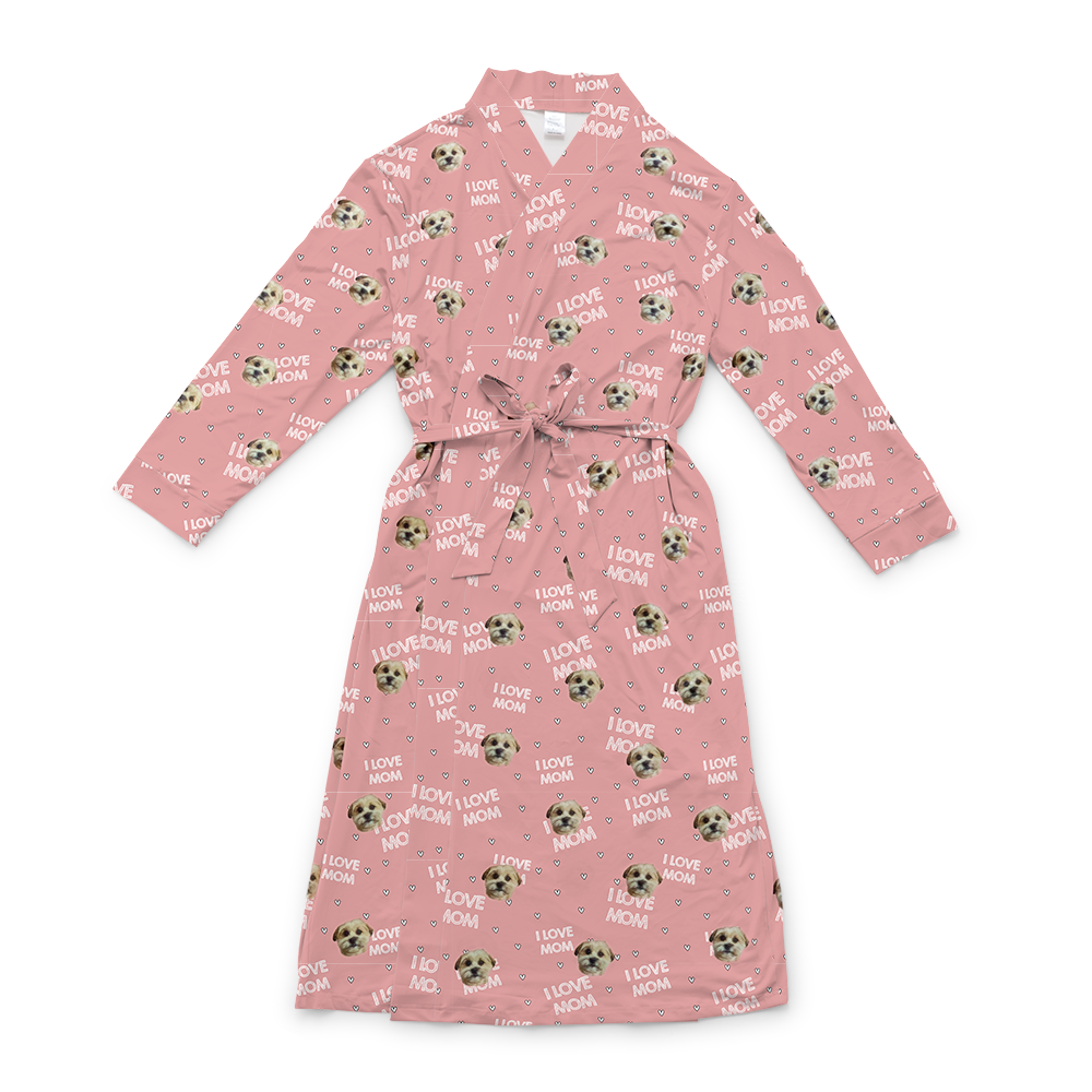 Pink robe with a waist tie and an all-over print of small dog faces, shown on a white background[ILoveMom]