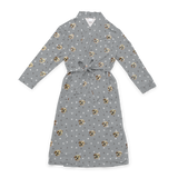 Gray robe with a waist tie and an all-over print of small dog faces, shown on a white background