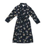 Black robe with a waist tie and an all-over print of small dog faces, shown on a white background