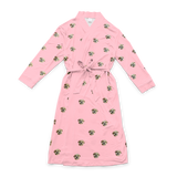 Pink robe with a waist tie and an all-over print of small dog faces, shown on a white background