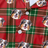 This is a close-up of the Christmas Plaid print fabric on a button-down pajama shirt covered in repeating pet faces[ChristmasPlaidPajamaFabricCloseUp]