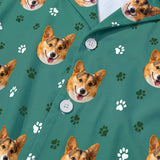 This is a close-up of the Green Paws print fabric on a button-down pajama shirt covered in repeating pet faces[GreenPawsPajamaFabricCloseUp]