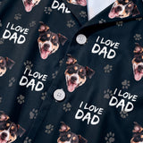 This is a close-up of the I Love Dad print fabric on a button-down pajama shirt covered in repeating pet faces[ILoveDadPajamaFabricCloseUp]
