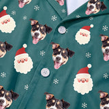This is a close-up of the Santa print fabric on a button-down pajama shirt covered in repeating pet faces[SantaPajamaFabricCloseUp]