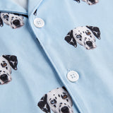This is a close-up of the Sky Blue print fabric on a button-down pajama shirt covered in repeating pet faces[SkyBluePajamaFabricCloseUp]
