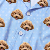 This is a close-up of the Snowflakes print fabric on a button-down pajama shirt covered in repeating pet faces[SnowflakesPajamaFabricCloseUp]