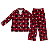This is a Buffalo Plaid print pajama set with a long sleeve button-down shirt and pajama pants covered in repeating pet faces[BuffaloPlaidLongSleevePajamaShirt&PantsSet]