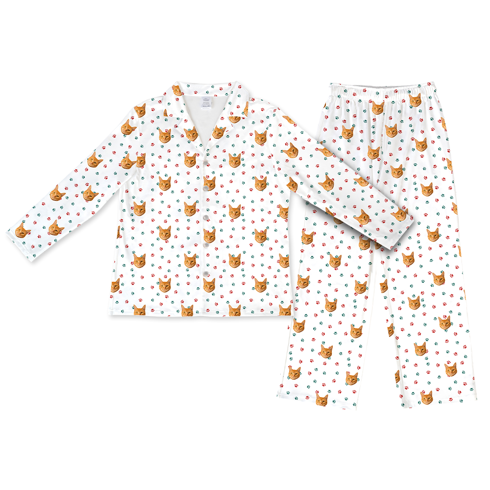 This is a Christmas Paws print pajama set with a long sleeve button-down shirt and pajama pants covered in repeating pet faces[ChristmasPawsLongSleevePajamaShirt&PantsSet]
