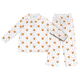 This is a Christmas Paws print pajama set with a long sleeve button-down shirt and pajama pants covered in repeating pet faces[ChristmasPawsLongSleevePajamaShirt&PantsSet]