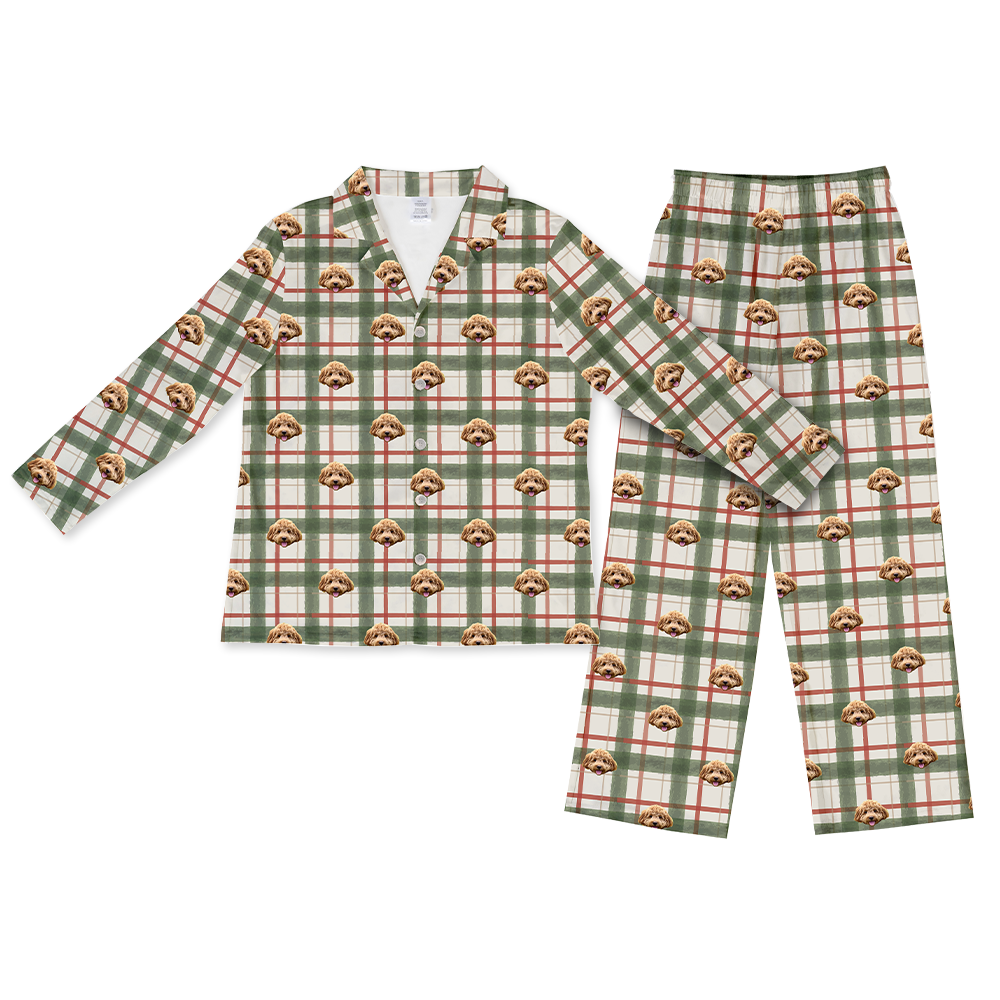 This is a Light Christmas Flannel print pajama set with a long sleeve button-down shirt and pajama pants covered in repeating pet faces[LightChristmasFlannelLongSleevePajamaShirt&PantsSet]