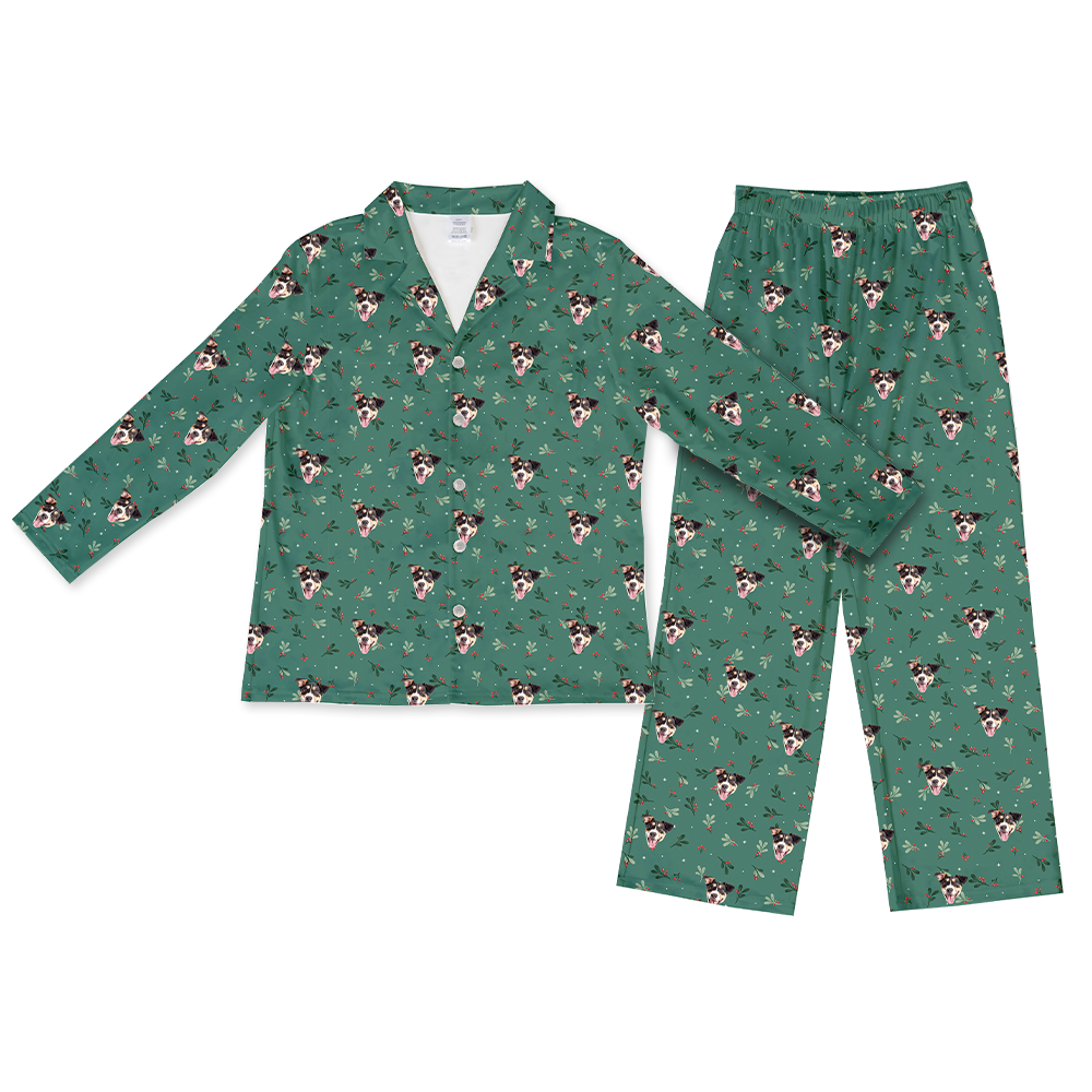 This is a Mistletoe print pajama set with a long sleeve button-down shirt and pajama pants covered in repeating pet faces[MistletoeLongSleevePajamaShirt&PantsSet]