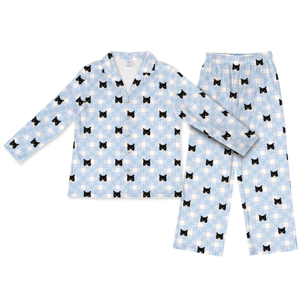 This is a Snowy Gingham print pajama set with a long sleeve button-down shirt and pajama pants covered in repeating pet faces[SnowyGinghamLongSleevePajamaShirt&PantsSet]